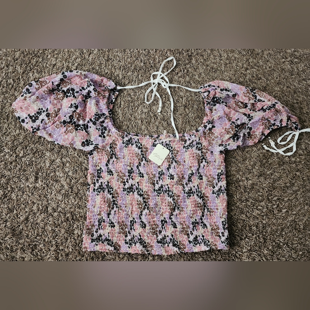 NWT Free People Smocked Puff Sleeve Crop Top L